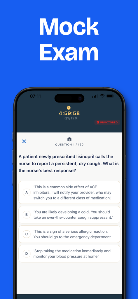 Simple Nursing NCLEX Exam Prep - Schermata di un esame simulato per la preparazione all'NCLEX che mostra una domanda di pratica infermieristica sugli effetti collaterali dei farmaci.