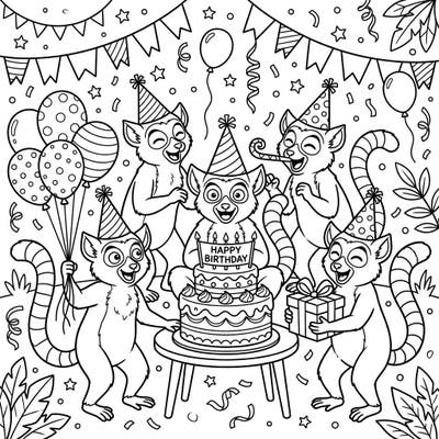 Get ready to party with these adorable lemurs as they celebrate a special birthday! This fun coloring page is perfect for kids aged 4-8 to bring to life with vibrant colors.