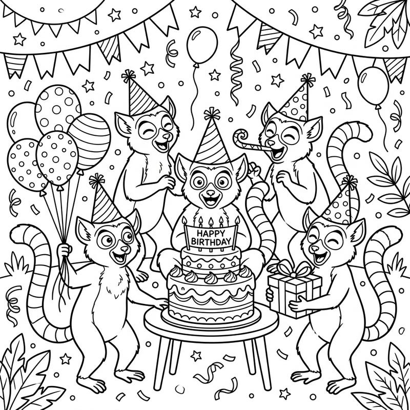 Get ready to party with these adorable lemurs as they celebrate a special birthday! This fun coloring page is perfect for kids aged 4-8 to bring to life with vibrant colors.