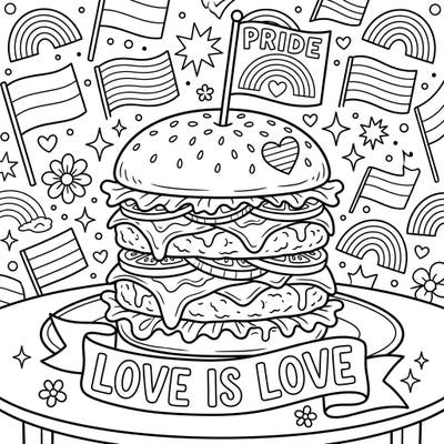 Get ready to celebrate with this vibrant double patty burger coloring page, featuring delicious layers and festive Pride Month elements. It's the perfect way to combine your love for food and inclusivity into a creative coloring adventure.