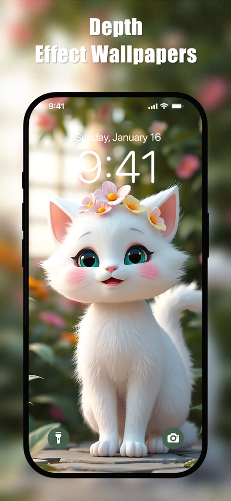 Cute Cat Wallpapers HD - Pantalla de bloqueo del iPhone con un lindo gato blanco de dibujos animados con una corona de flores utilizando la función de fondo de pantalla con efecto de profundidad.