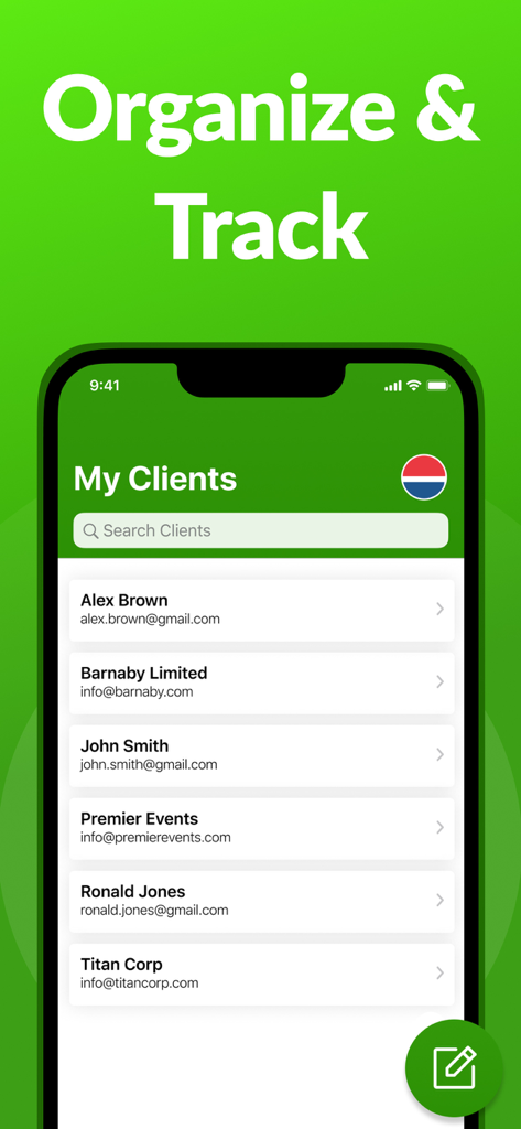 Ace Receipt Maker - A mobile interface for the Ace Receipt Maker app displaying a list of clients with their names and email addresses.