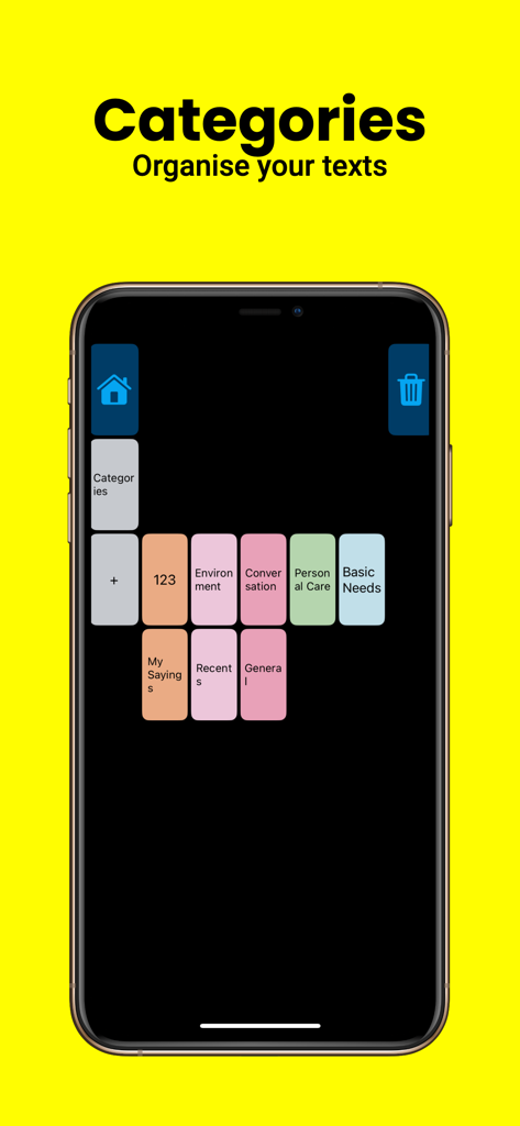 Speech Assistant - AAC Talker - Uma tela mostrando categorias coloridas como Conversa e Necessidades Básicas no aplicativo Speech Assistant