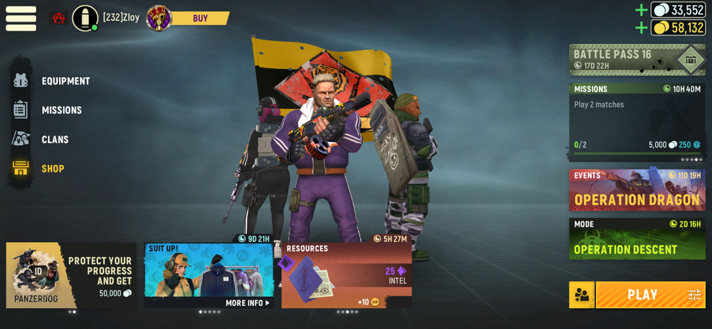 Main menu interface of Tacticool tactical shooter showing characters and game modes