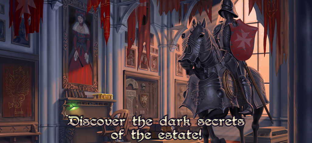 Bathory - The Bloody Countess - Intérieur d'une pièce gothique représentant un chevalier noir en armure à cheval et un portrait d'Élisabeth Báthory