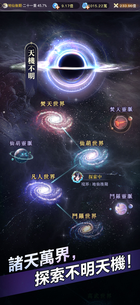 A cosmic exploration map in The Great Martial Way showing connected galaxies and different cultivation realms