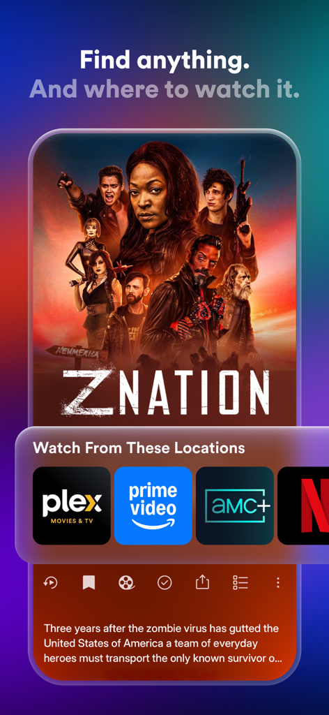 Plex app showing streaming options for the TV show Z Nation across multiple platforms including Prime Video and Netflix