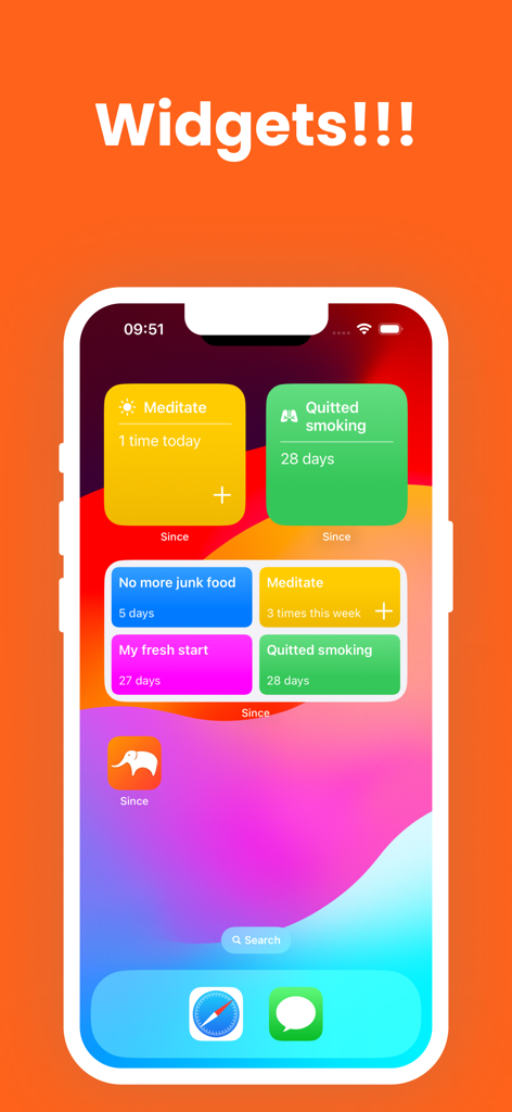 Day Counter & Tracker - Since - 瞑想や禁煙の進捗状況など、Sinceアプリのカラフルな習慣追跡ウィジェットが表示されたiPhoneホーム画面。