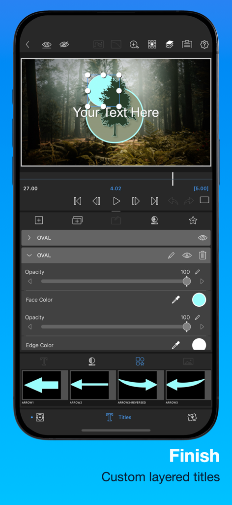 LumaFusion - iPhone interface of LumaFusion showing custom layered titles with shape overlays and color correction settings over a video clip