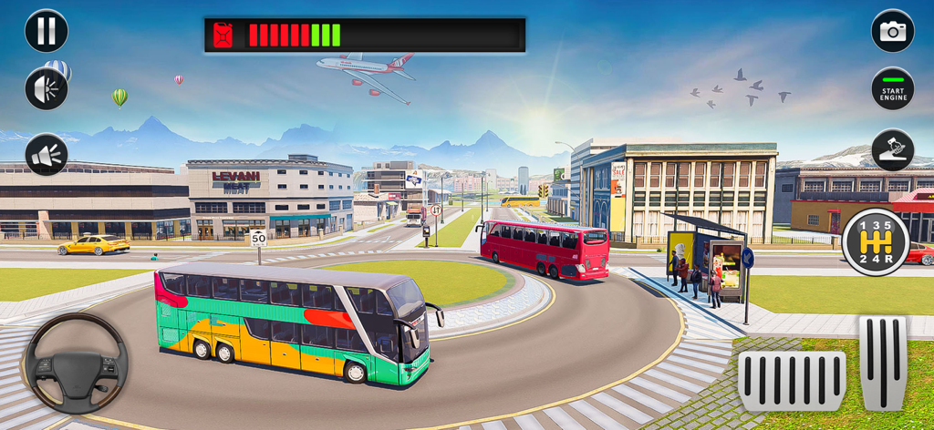 US Public Bus Simulator Driver - Gameplay of US Public Bus Simulator Driver showing a colorful double decker bus navigating a city roundabout