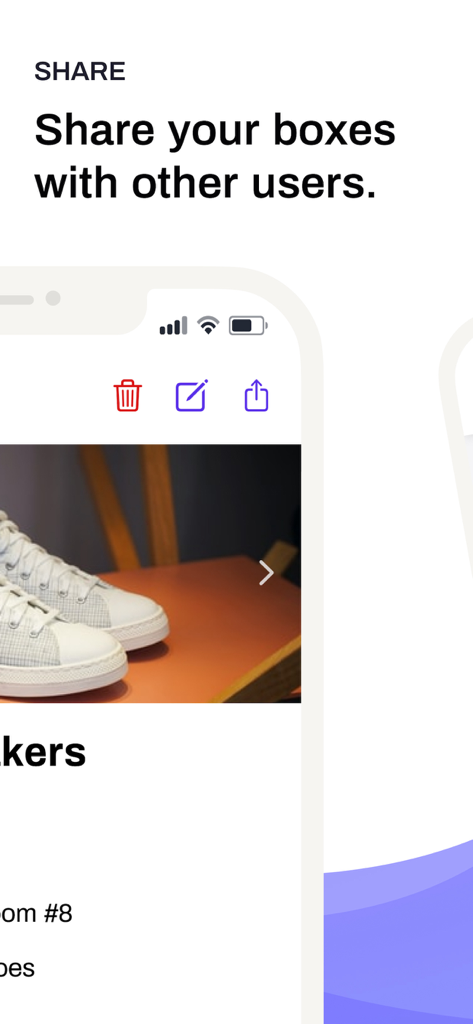 Scan Your Boxes - A smartphone screen displaying the share feature of the Scan Your Boxes app with a photo of stored sneakers