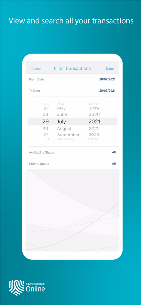 Cayman National - Cayman National mobile app transaction search and filter interface