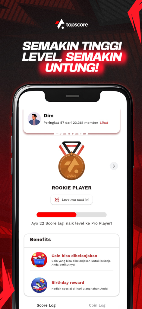 Topscore - Perfil de usuario de la aplicación Topscore mostrando niveles de lealtad y recompensas, incluyendo la insignia de Jugador Novato y monedas.