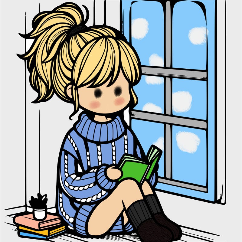 a girl with a messy pony tail and a over sized sweater and reading next to window