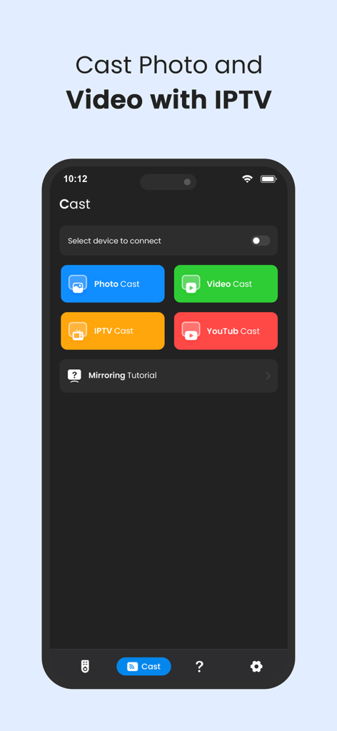 Universal TV Remote Control * - Interfaz de la aplicación Control Remoto Universal para TV que muestra opciones para transmitir fotos, videos, IPTV y YouTube en un iPhone.