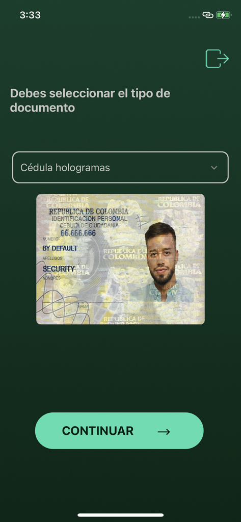 Interface de l'application MiiD pour sélectionner un type de document d'identité avec un exemple de carte d'identité colombienne affiché