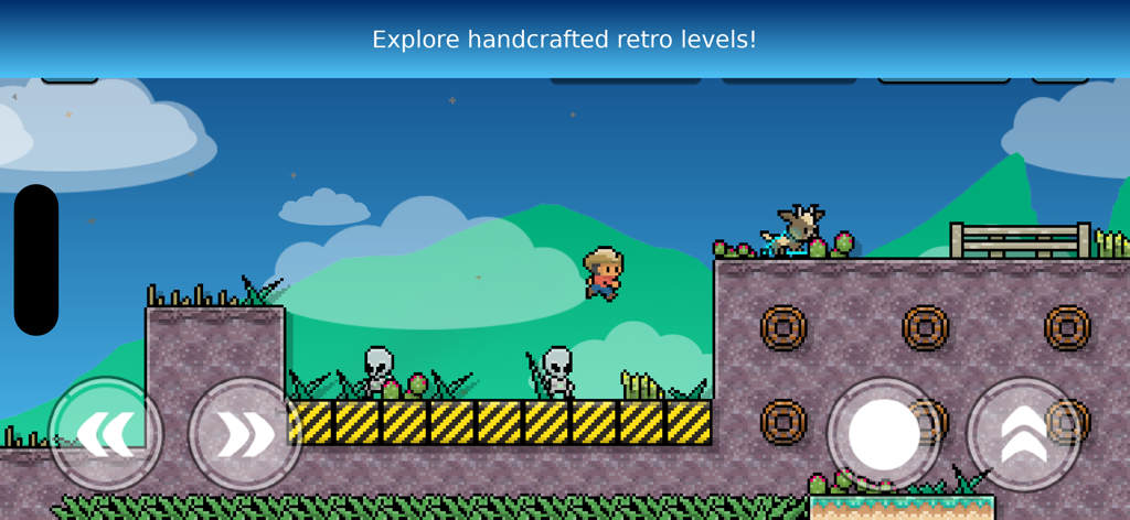 A 2D retro pixel platformer level showing a character jumping over aliens to rescue a goat in a desert landscape