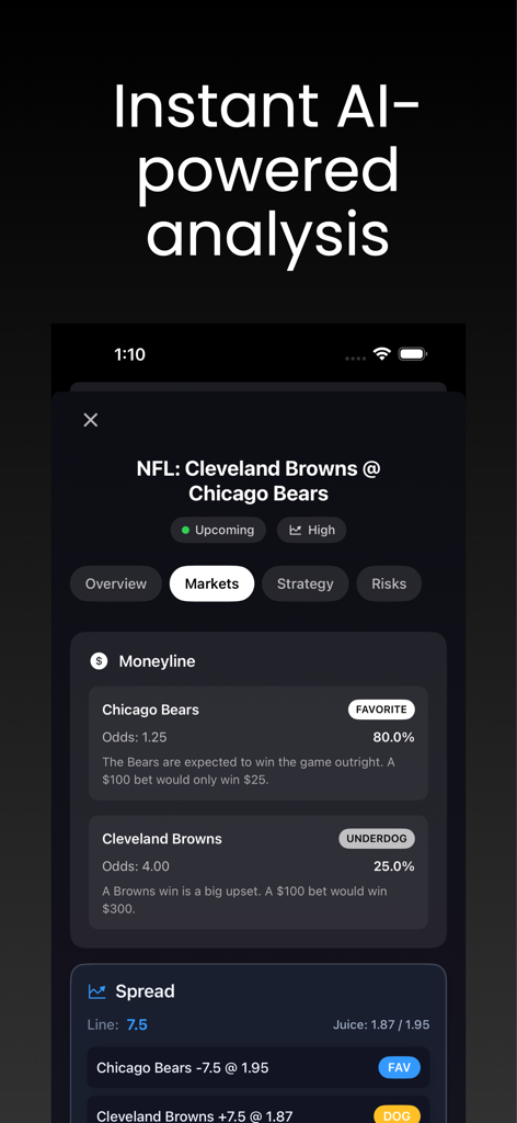 Betting AI : Sports Betting - Análisis de IA de cuotas de apuestas de la NFL para el partido de los Chicago Bears contra los Cleveland Browns.