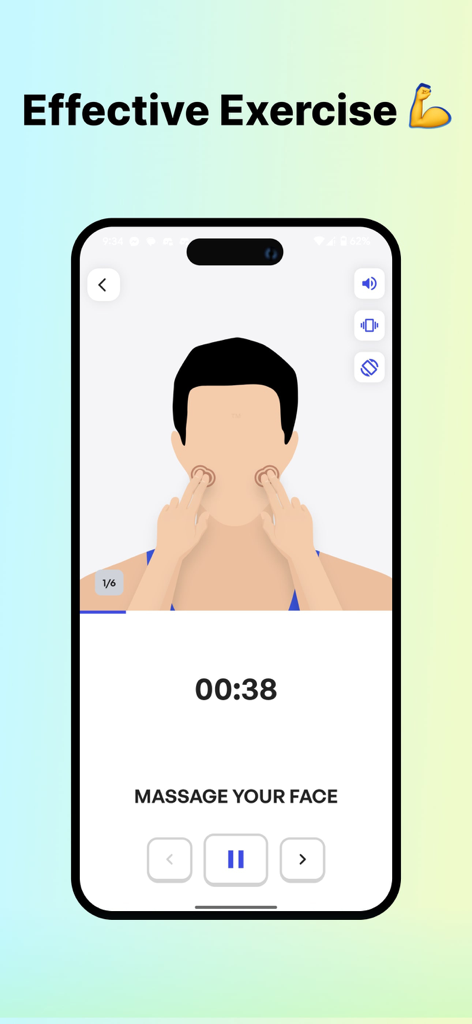 Jawline Exercises and Mewing - カウントダウンタイマー付きの顔マッサージエクササイズのチュートリアルを表示するスマートフォンの画面