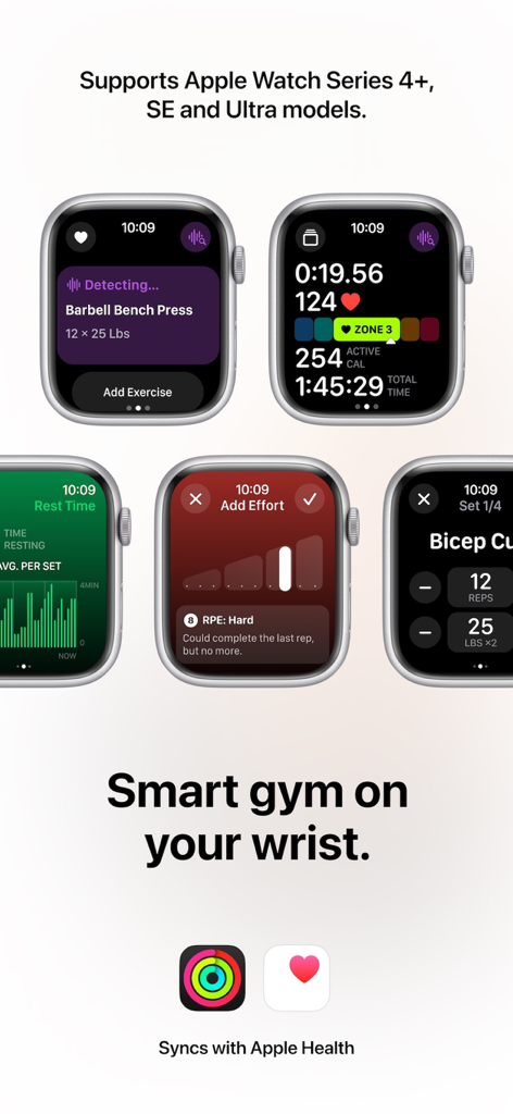Multiple Apple Watch screens displaying Motra fitness app features including exercise detection and heart rate monitoring.