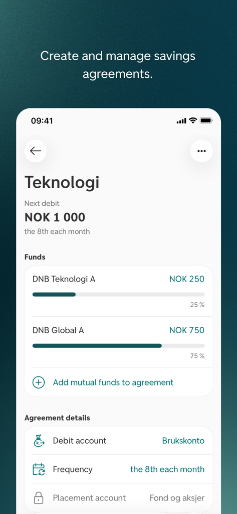 Spare - A mobile interface showing the management of a monthly savings agreement with mutual fund allocations in the Spare app.