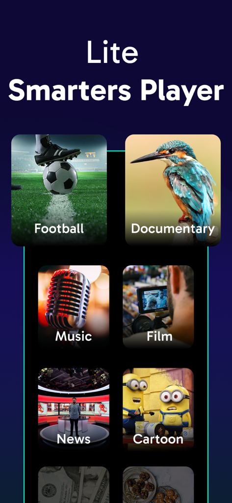 La interfaz de IPTV Smarters Player Lite muestra varias categorías de entretenimiento como noticias de fútbol y documentales
