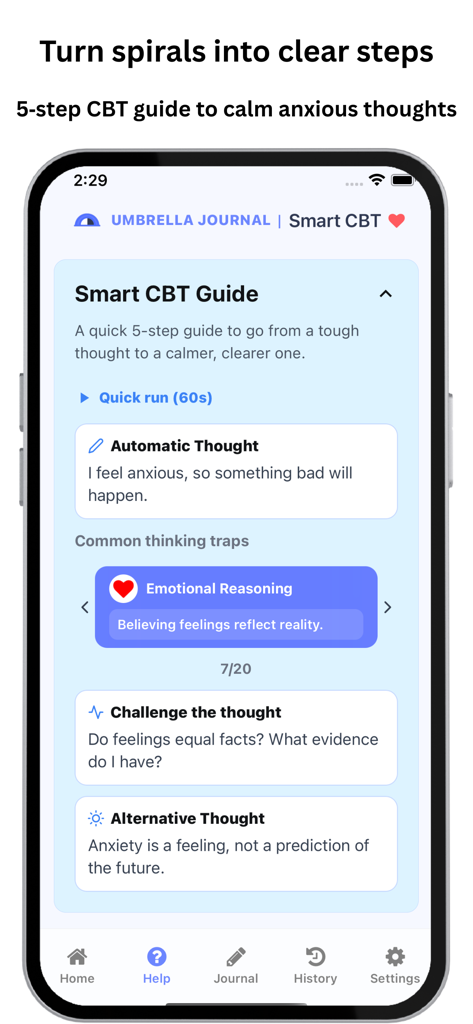 Umbrella Journal : Smart CBT - 不安な思考と一般的な思考の罠に挑戦するための5段階のスマートCBTガイドを表示するスマートフォンの画面