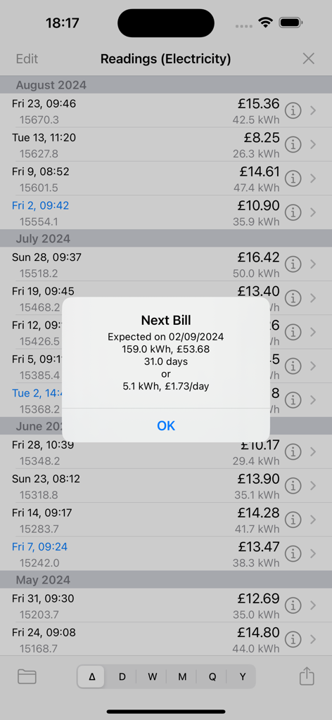 Meter Readings - Meter Readings app showing a history of electricity usage and an estimated next bill popup.
