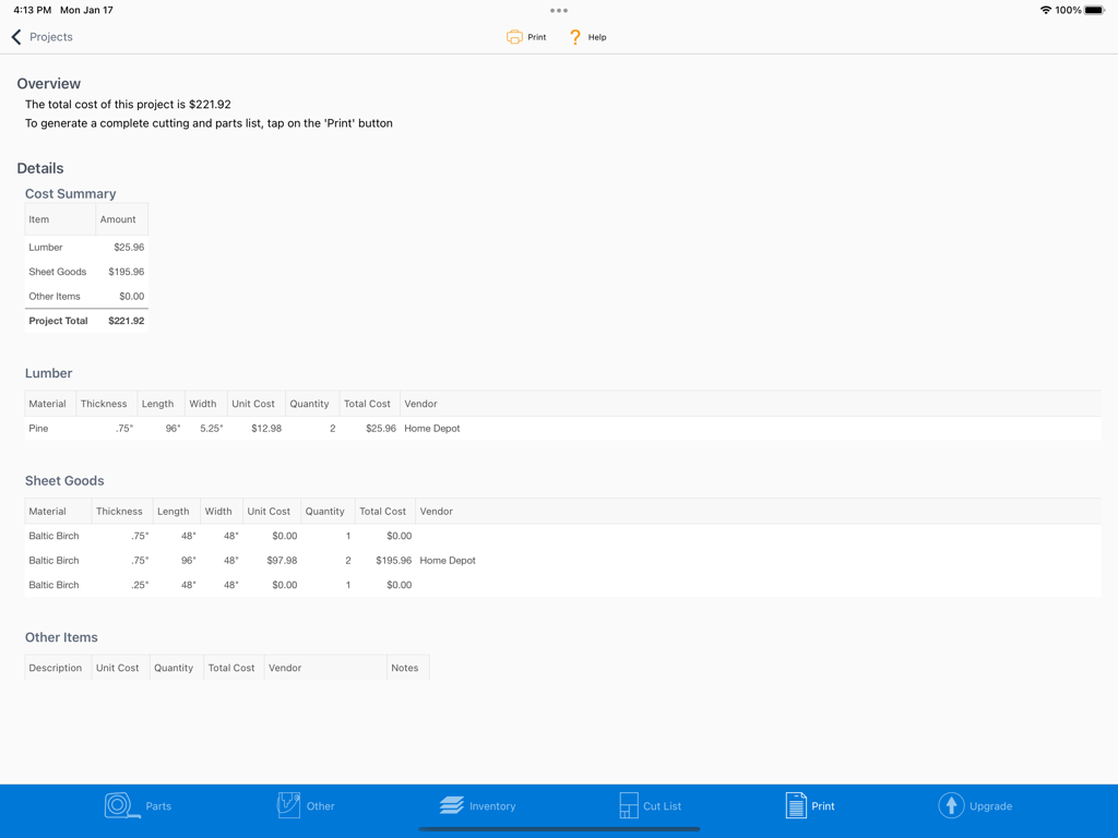A detailed project cost summary on the Offcuts iPad app showing lumber and sheet goods materials with total costs and vendor details.