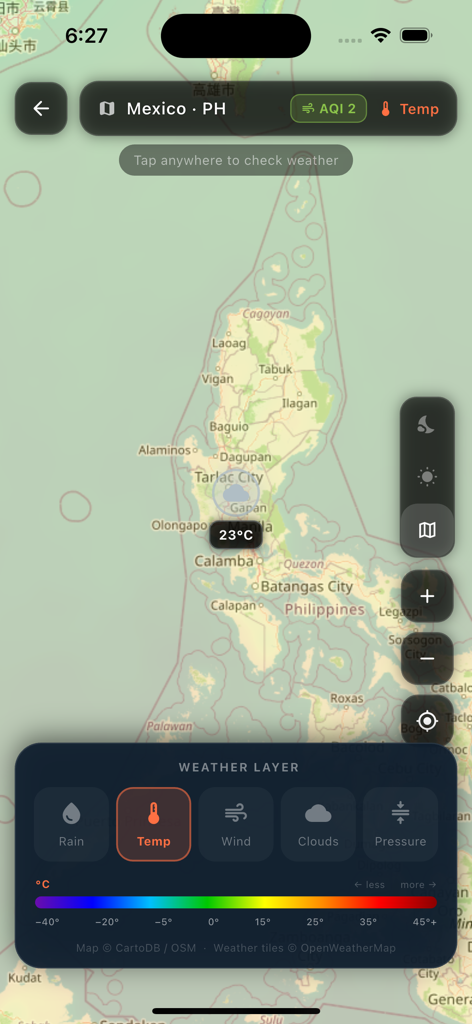 AllWeather Minimal - AllWeather Minimal app interactive map displaying a temperature layer over the Philippines