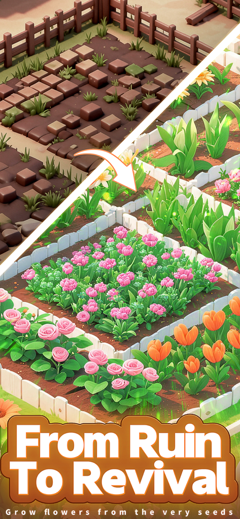 The Cozy Florist - Una comparación que muestra un terreno de jardín embarrado transformándose en un campo de flores florecientes con rosas rosadas y tulipanes naranjas.