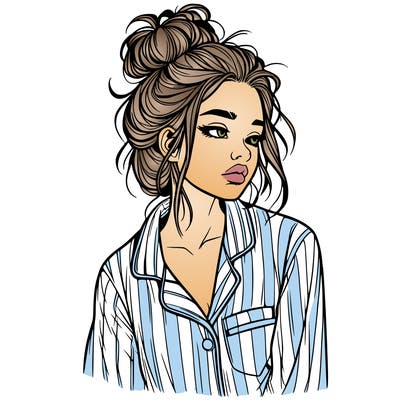 realistic woman with pajamas on and a messy bun