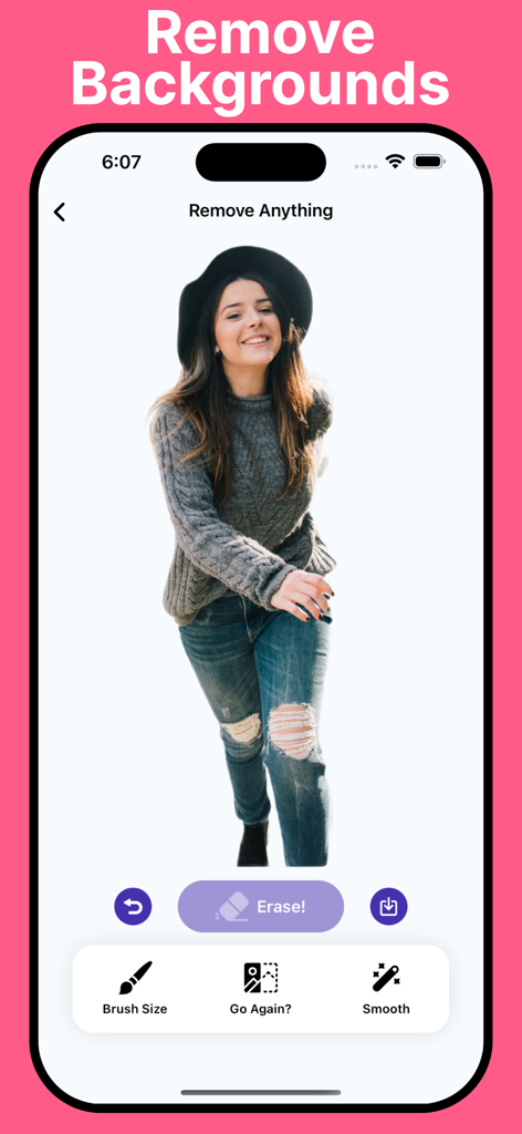 Interfaccia di un'app mobile che mostra una donna con lo sfondo cancellato utilizzando lo strumento di fotoritocco IA