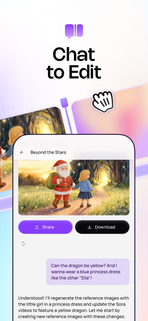 Medeo - AI Video Generator - Medeoアプリのインターフェース。自然言語による動画変更のためのチャット編集機能を示しています。