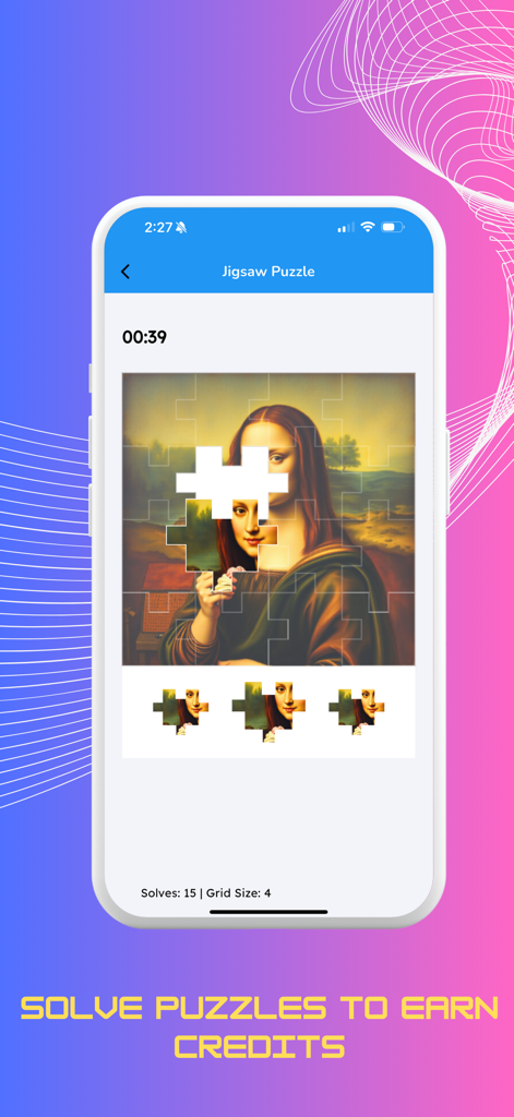 Schermata del gioco puzzle dell'app AIKO con un puzzle composto da un'immagine di Monna Lisa generata dall'AI