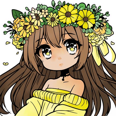 very cute anime girl with flowers as a crown