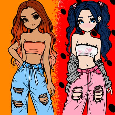 2 girls in crop tops and baggy jeans ripped
