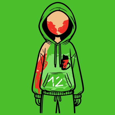 faceless girl in a tracksuit with a hood on and no hair