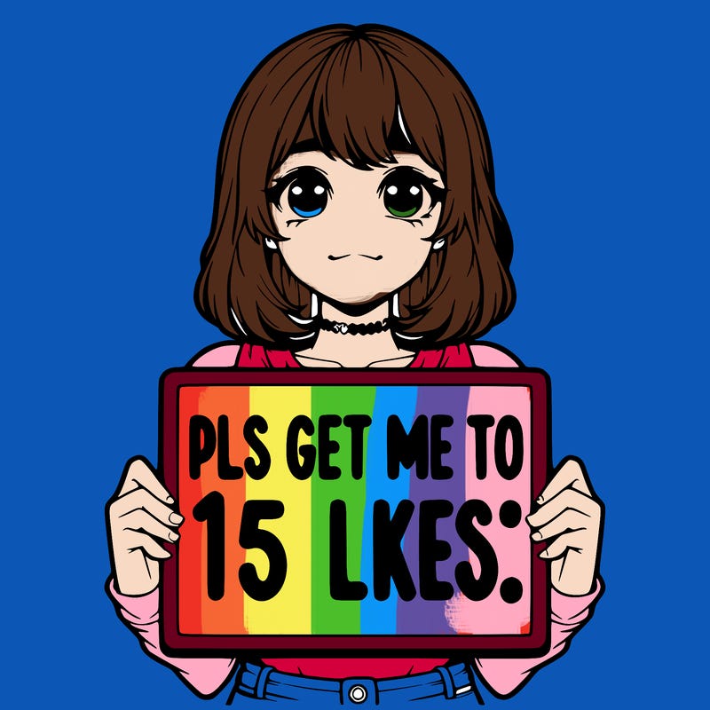 realistic girl holding up a sign that says “pls get me to 15 likes!”