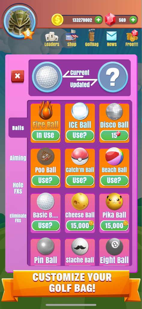 Mini Golf Stars Arena Battleでプレイヤーバッグをカスタマイズするためのさまざまなゴルフボールスキンオプションを示すゲーム内メニュー