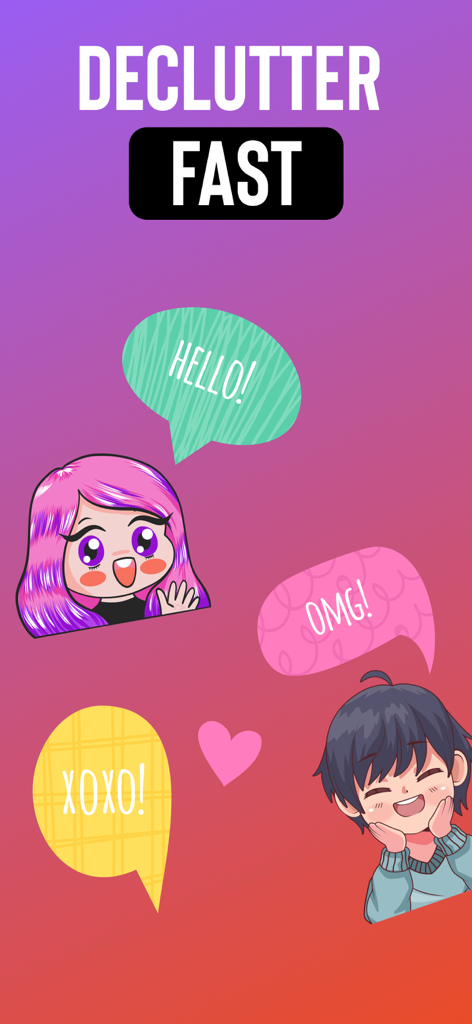 Avatares de caricatura estilo anime con coloridas burbujas de diálogo y un corazón rosa