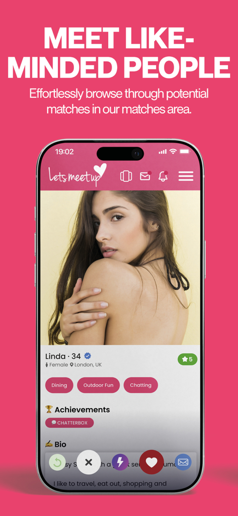 Lets Meet Up - Lets Meet Up dating app interface displaying a user profile and options to browse matches.