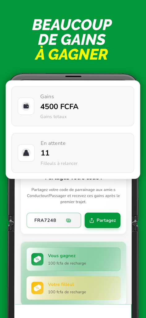 RMobility Afrique - RMobility Afrique PRO Partner App-Bildschirm, der Fahrereinnahmen und Empfehlungsprämien anzeigt.