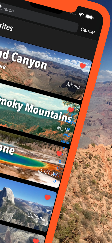 A list of favorite US National Parks within the Pocket Maps app showing Grand Canyon and Yosemite