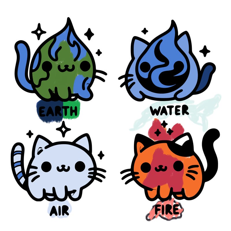 4 cats that represent the different elements, earth, water, air, and fire