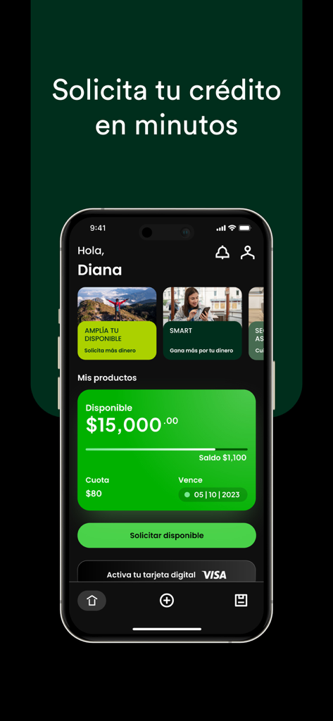 MultiMoney: Créditos y ahorro - MultiMoney app interface showing a 15000 dollar credit limit and quick loan application screen in Spanish
