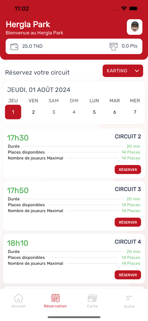 Hergla Park - Hergla Park app interface showing available karting circuit time slots and reservation options for users