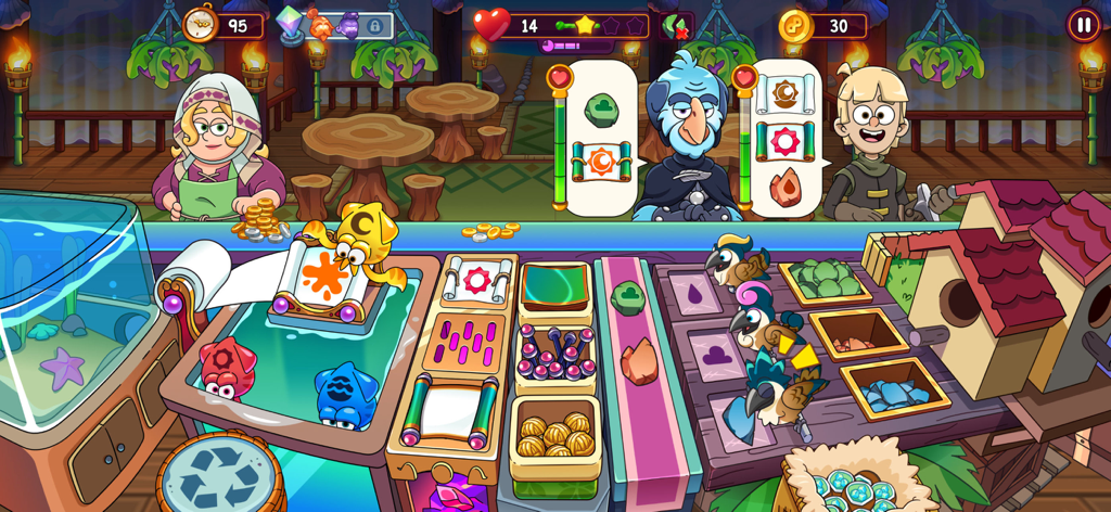 A colorful gameplay screenshot of the Enchantment Shop in Potion Punch 2 where players craft scrolls and runes for fantasy customers