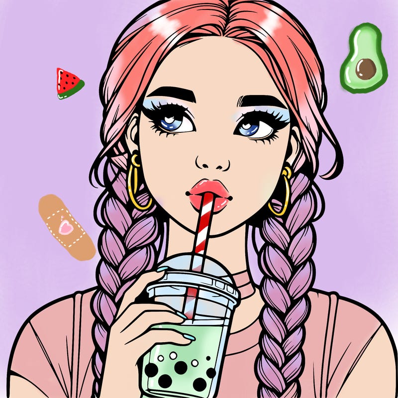 realistic girl with braided hair drinking boba