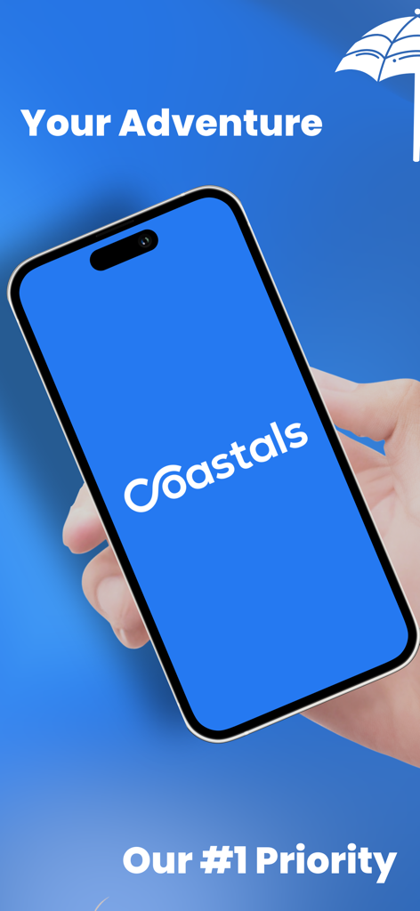 Coastals - Mano sosteniendo un smartphone mostrando el logo de la aplicación Coastals y lemas de viajes de aventura